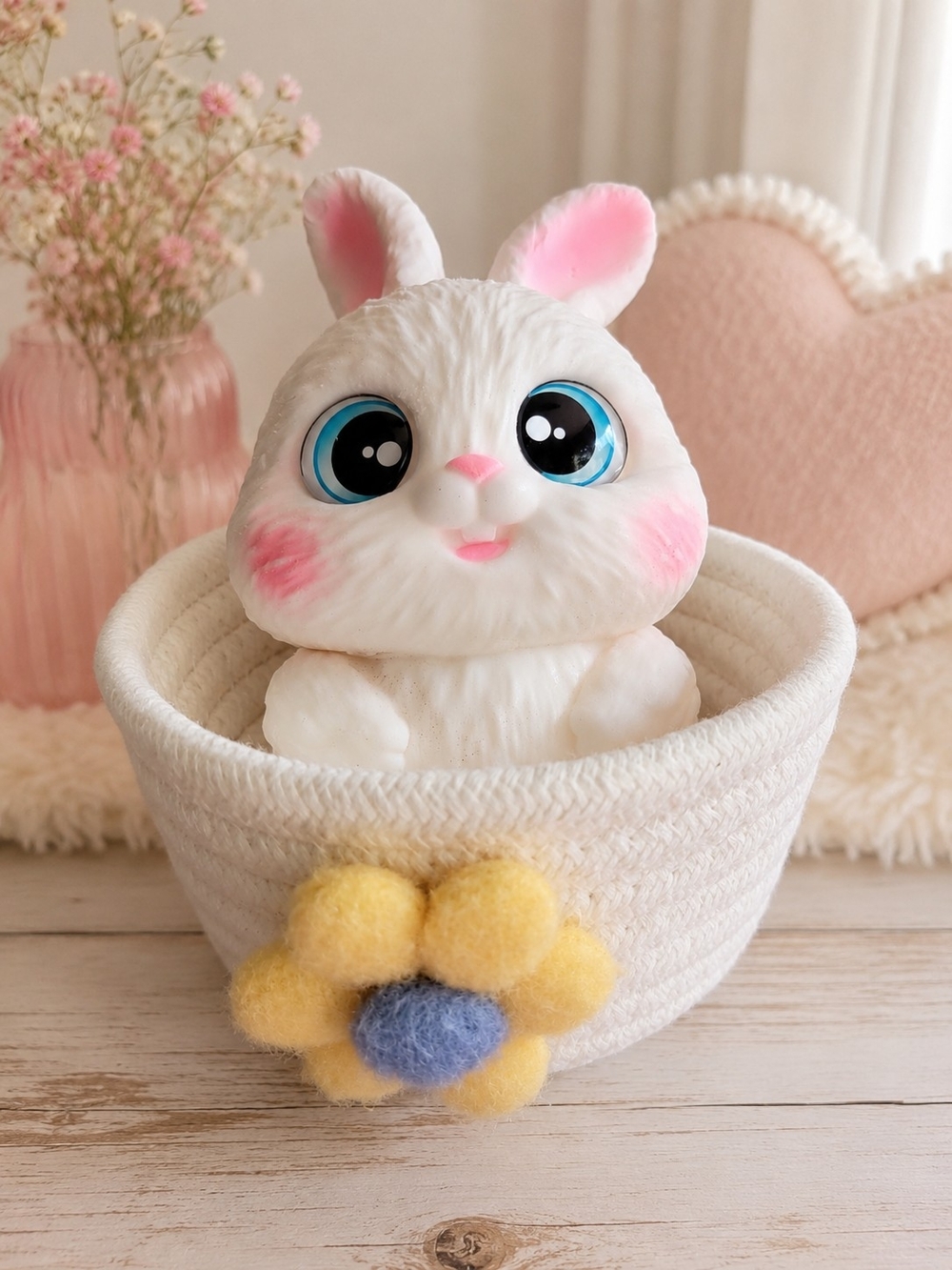 White Squishy Bunny Toy In A Basket with Blue Eyes